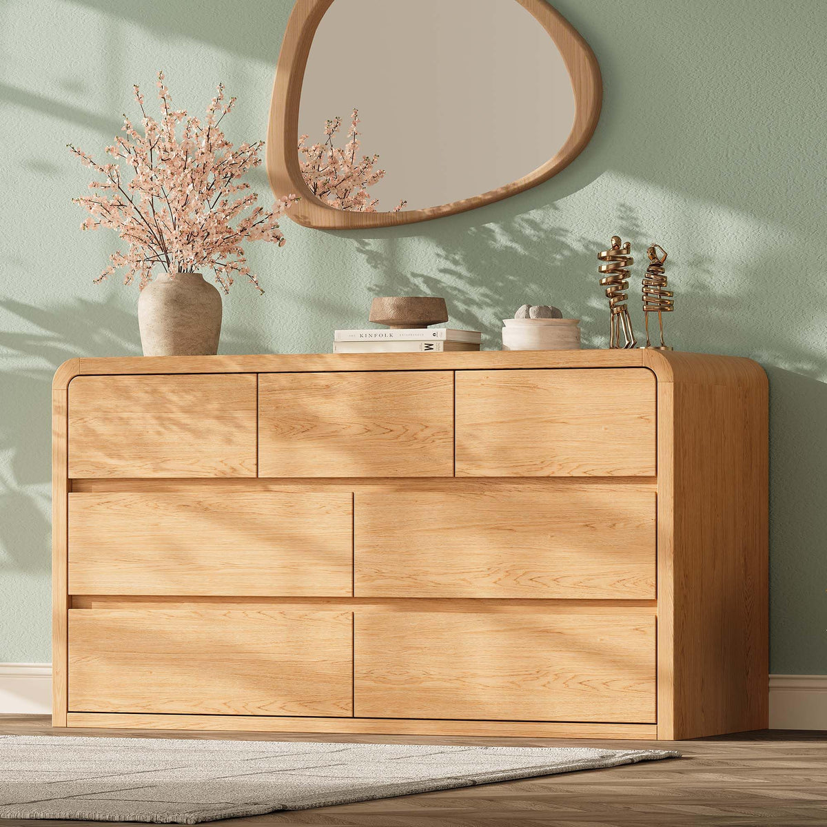 Modern 63" Wide 9 Drawers Dresser with Curved Profile Design,Oak