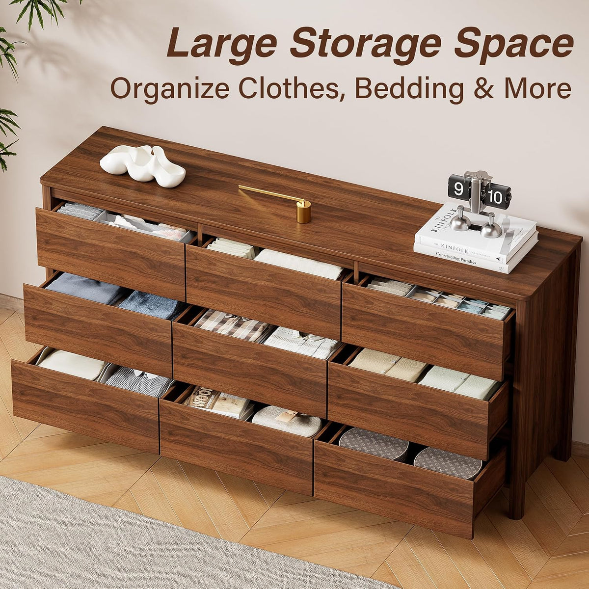 Furniway 63" Wide 9 Drawer Wood Dresser for Bedroom with Legs, Walnut