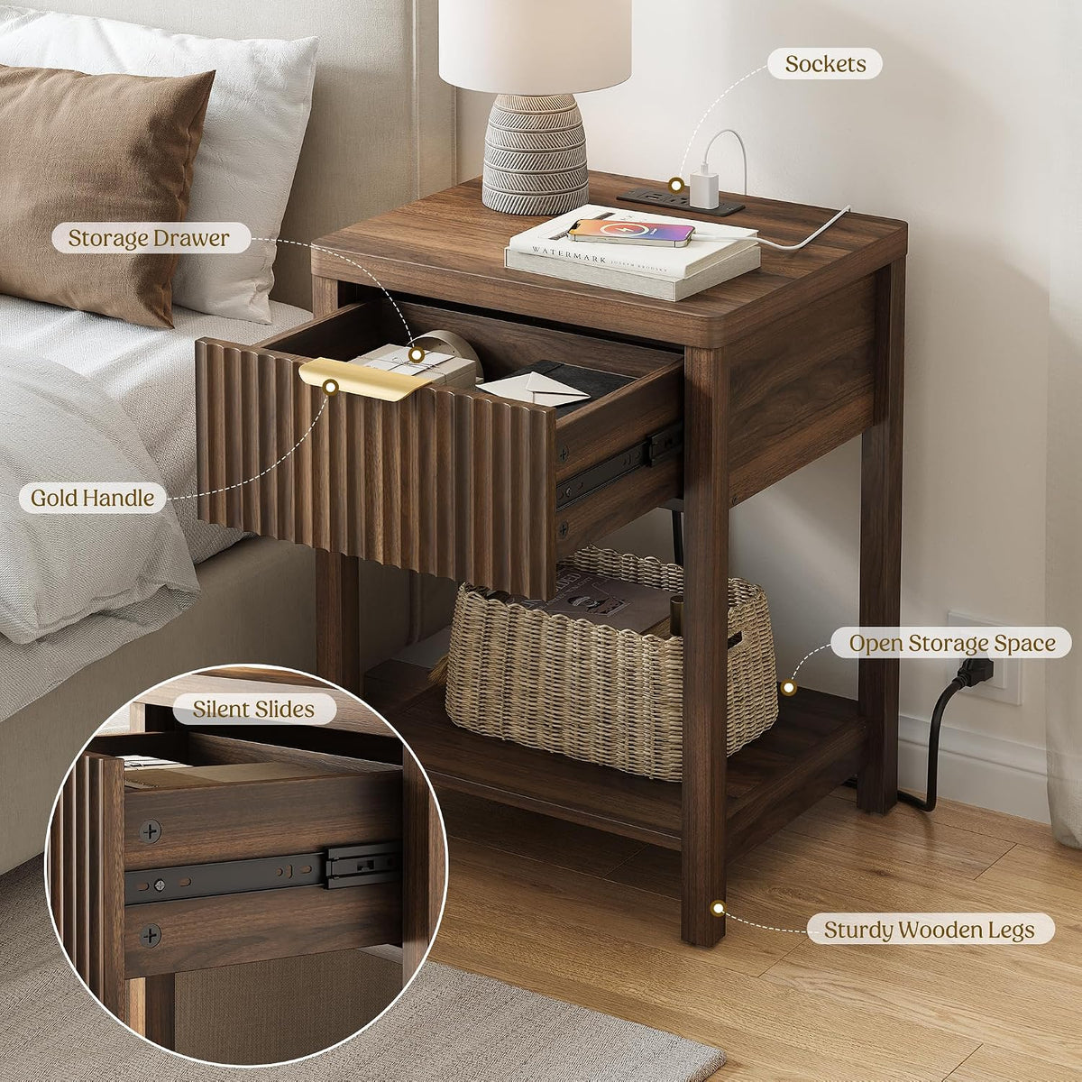 Night Stand Set 2, Fluted Wood Nightstands w/Charging Station for Bedroom