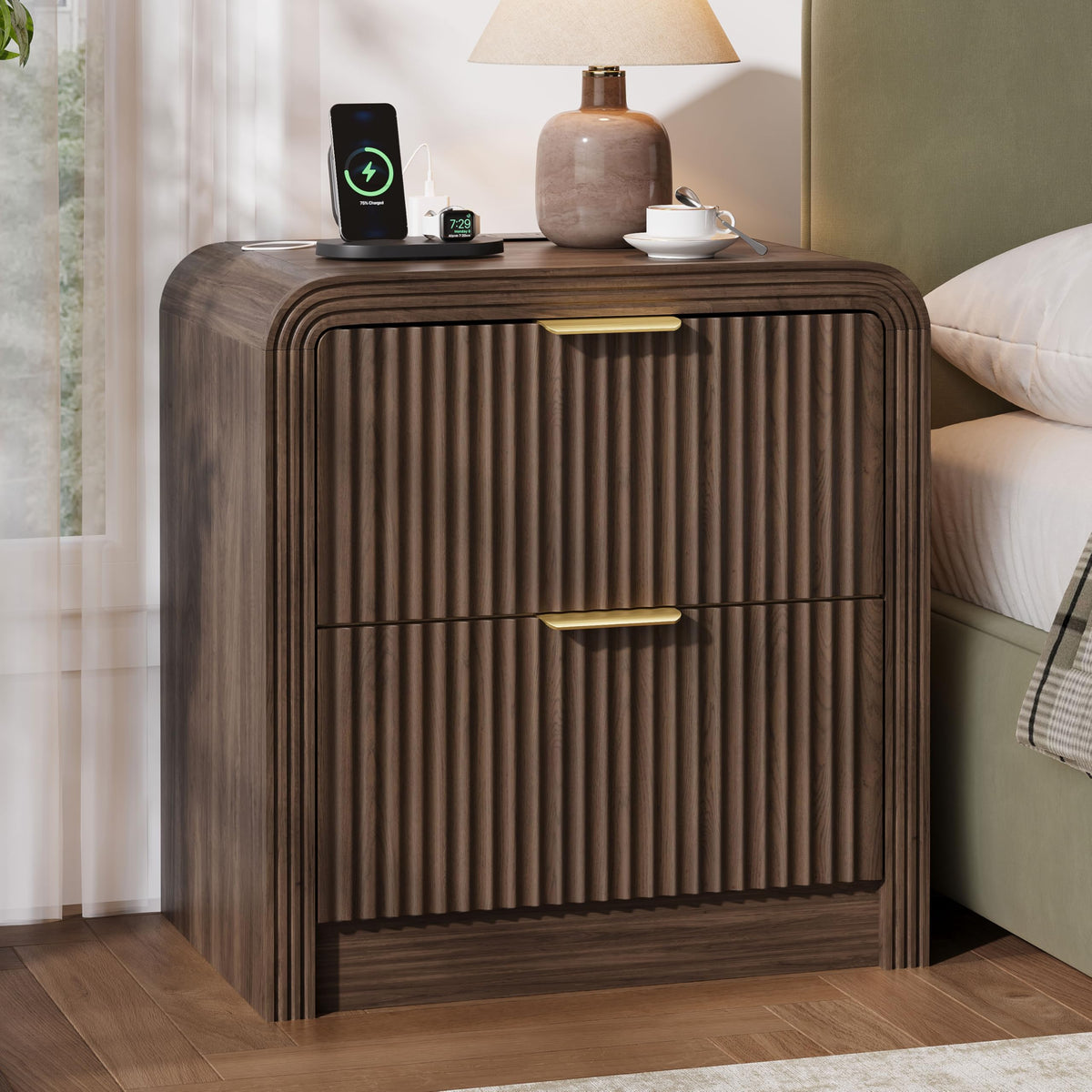Decofy 23'' Wide Fluted Nightstand Set of 2 with Charging Station, Walnut