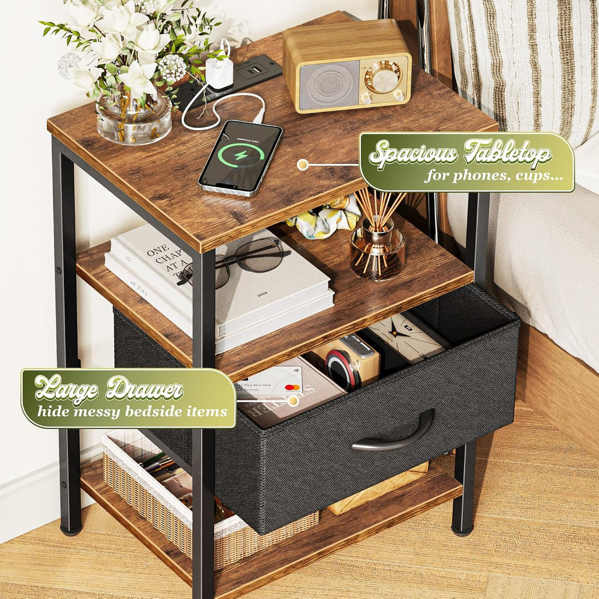 SUPERJARE Nightstand with Charging Station, USB-C Port, Bedside Table