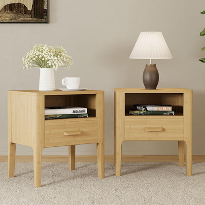 Merax Bamboo Nightstands Set of 2, Night Stands w/Drawer & Shelf, Brown