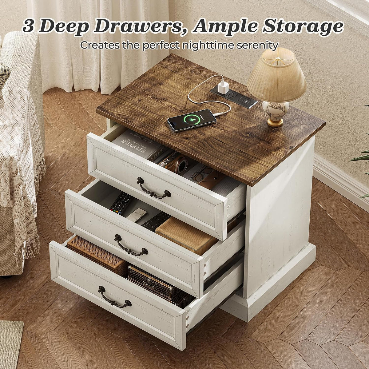 Huuger Nightstand with Charging Station, 3 Drawer Night Stand Set of 2