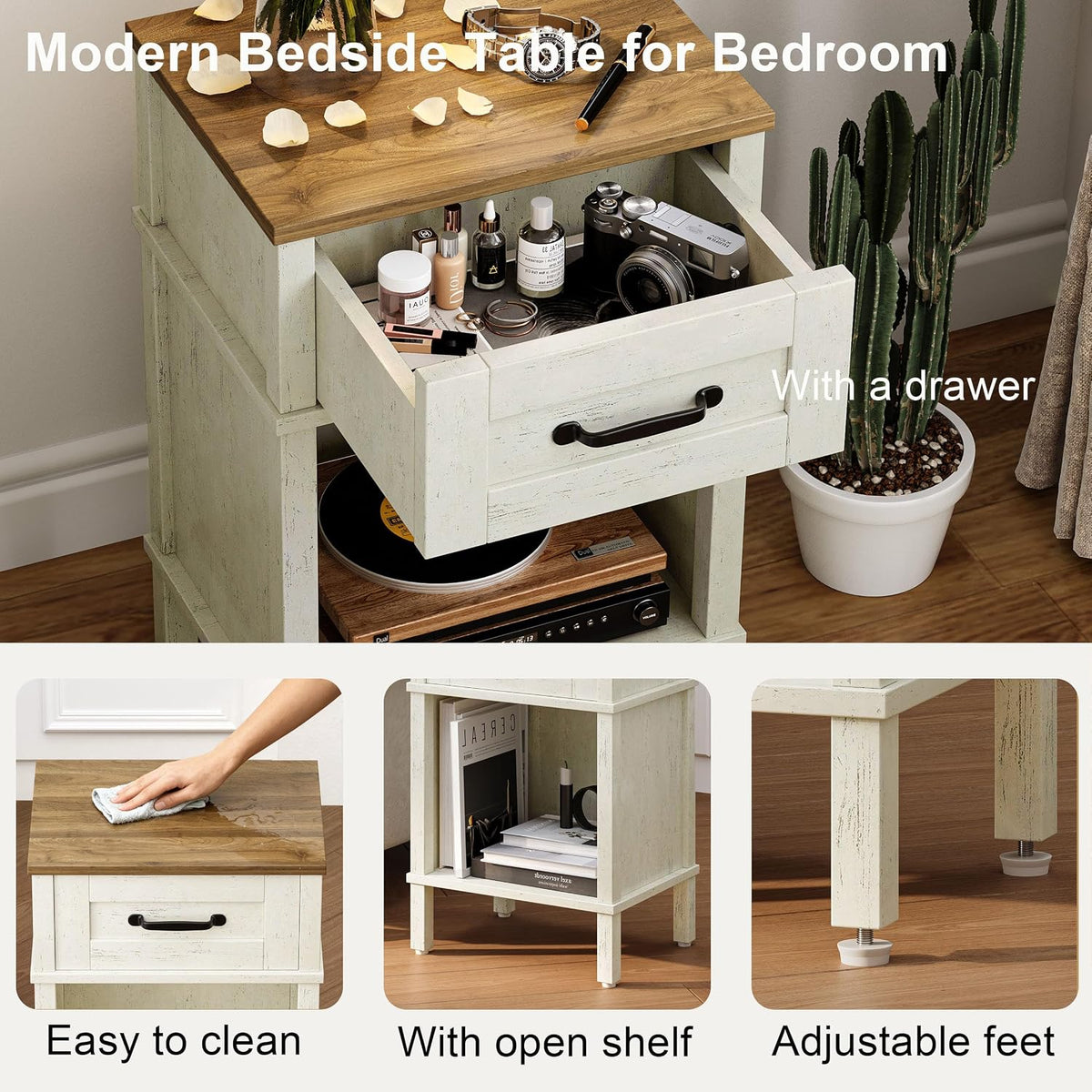 White Farmhouse Nightstands, Nightstand with Drawers, Small Bedside Table
