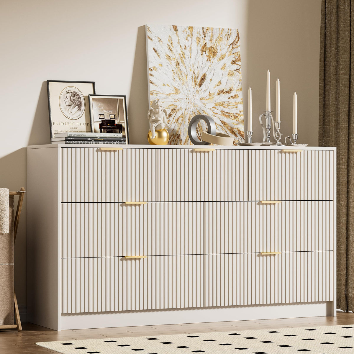 Furniway 55" Wide Green Dresser for Bedroom, Fluted 8 Drawer Dresser