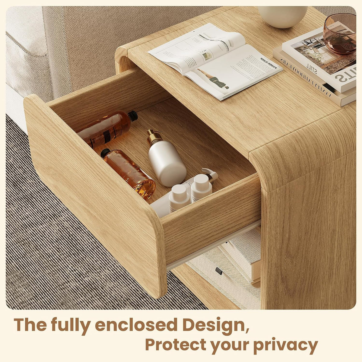 Modern Curved Nightstands Set of 2 with Open Shelf,Natural Oak