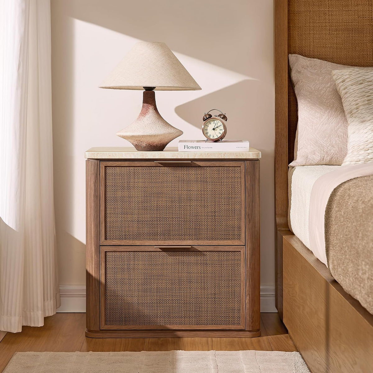 Night Stand Set 2, Rattan Nightstand with 2 Drawers