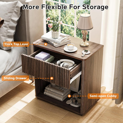 Modern Fluted Nightstand Set of 2 for Bedroom, Mid Century Bedside Table with Drawer & Open Shelf, Wood End Table, Farmhouse Night Stand for Home, Hallway, Office, Walnut
