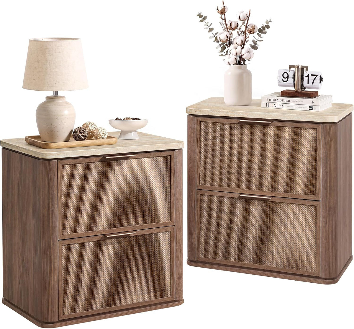 Night Stand Set 2, Rattan Nightstand with 2 Drawers
