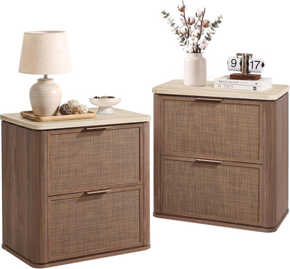 Night Stand Set 2, Rattan Nightstand with 2 Drawers