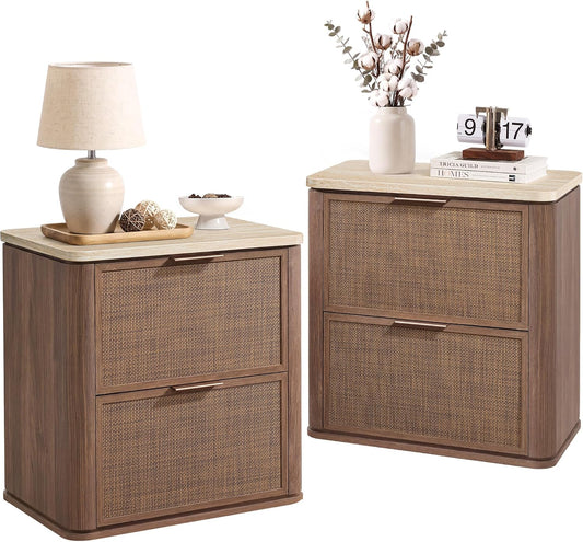 Night Stand Set 2, Rattan Nightstand with 2 Drawers