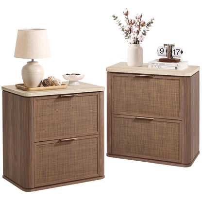 Night Stand Set 2, Rattan Nightstand with 2 Drawers