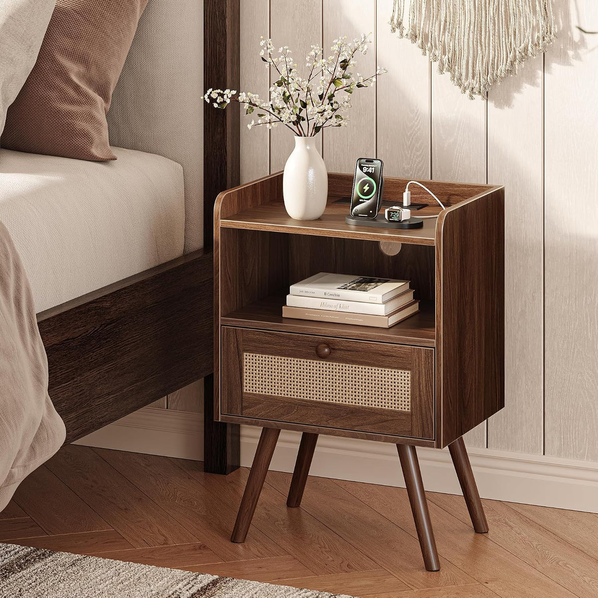 SUPERJARE Nightstands Set of 2, Night Stands with Charging Station