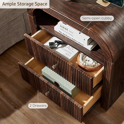 T4TREAM 24" Fluted Nightstand Set of 2 with Charging Station, Dark Walnut