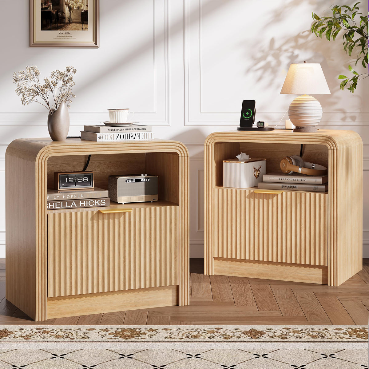Decofy 23'' Wide Fluted Nightstand Set of 2 with Charging Station, Walnut