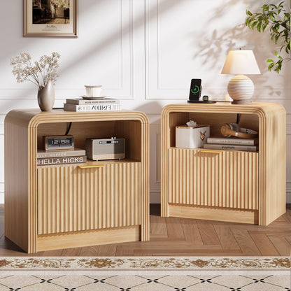 Decofy 23'' Wide Fluted Nightstand Set of 2 with Charging Station, Walnut