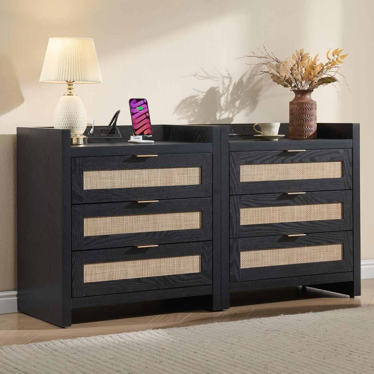 SICOTAS Rattan Nightstands Set of 2, Tall Bedside Table with 3 Drawers