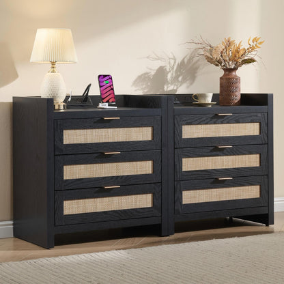 SICOTAS Rattan Nightstands Set of 2, Tall Bedside Table with 3 Drawers