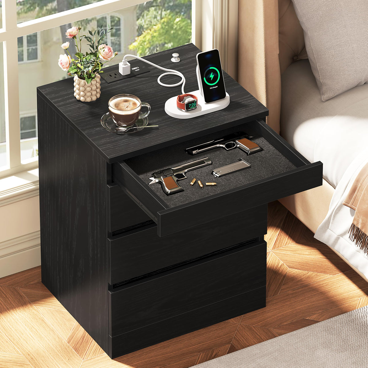 Yusong RGB LED Nightstand with Charging Station, Black