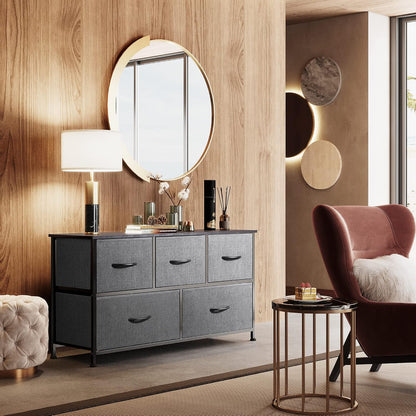 WLIVE Wide Dresser for Bedroom, 5 Drawer Chest of Drawers, Dark Grey