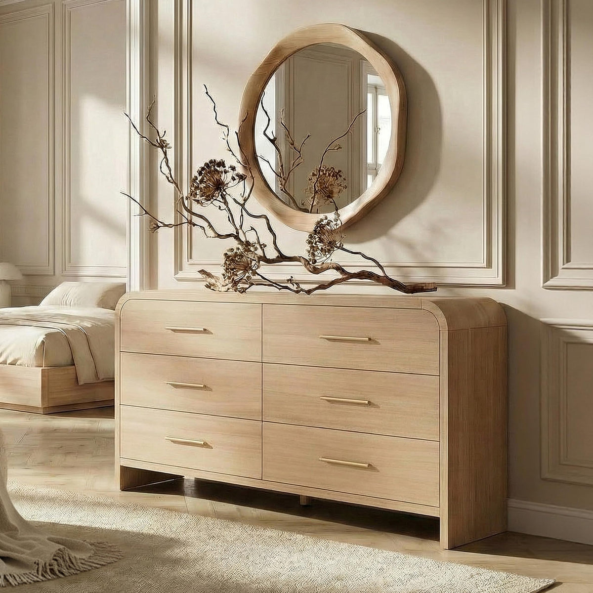 Curved 9-Drawer Dresser for Bedroom, 63" Wide Modern Chest of Drawers, Vanity Desk TV Stand for Living Room, Closet Storage Drawers Organizer Furniture, Nursery, Hallway, Gray Oak