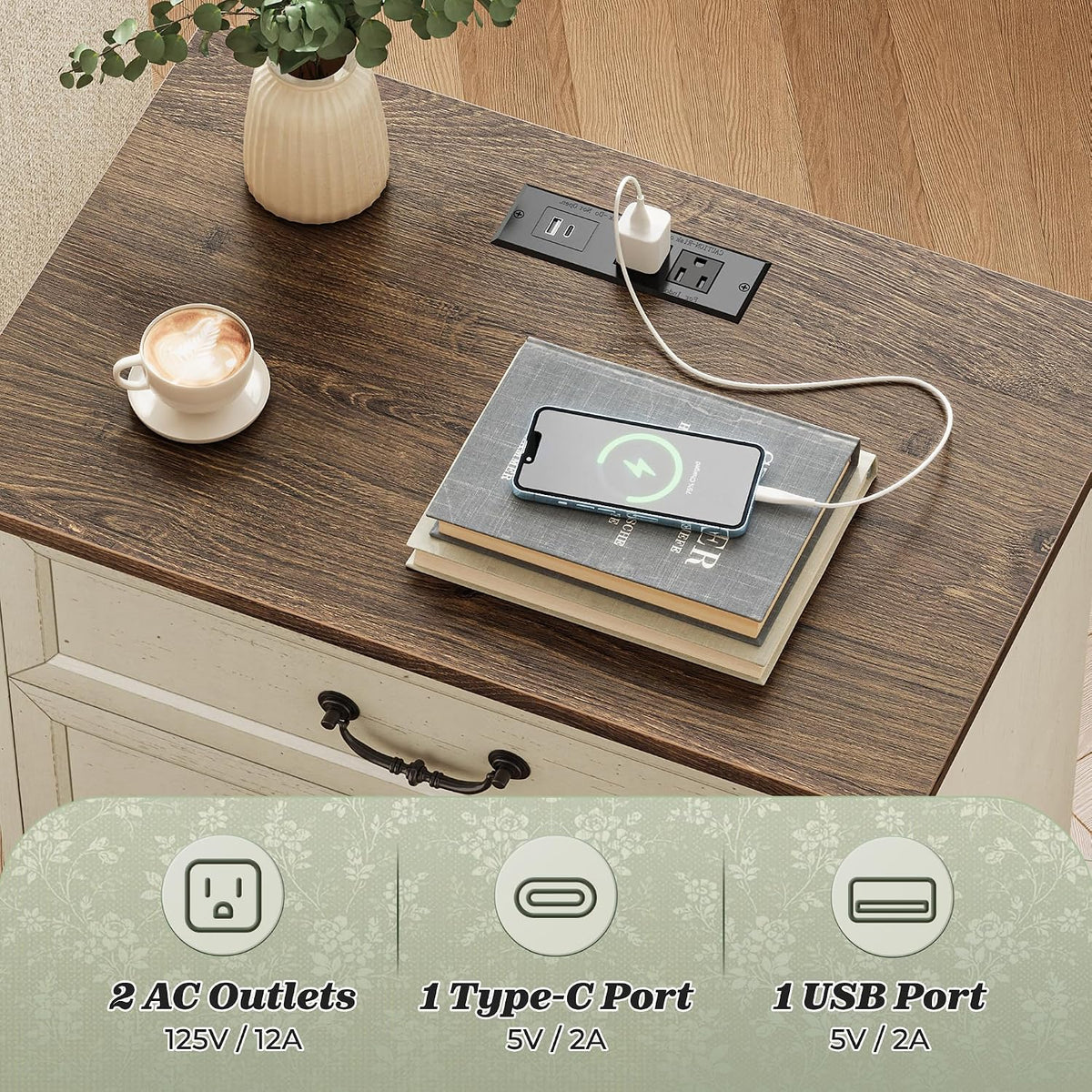 Huuger Nightstand with Charging Station, 3 Drawer Night Stand Set of 2