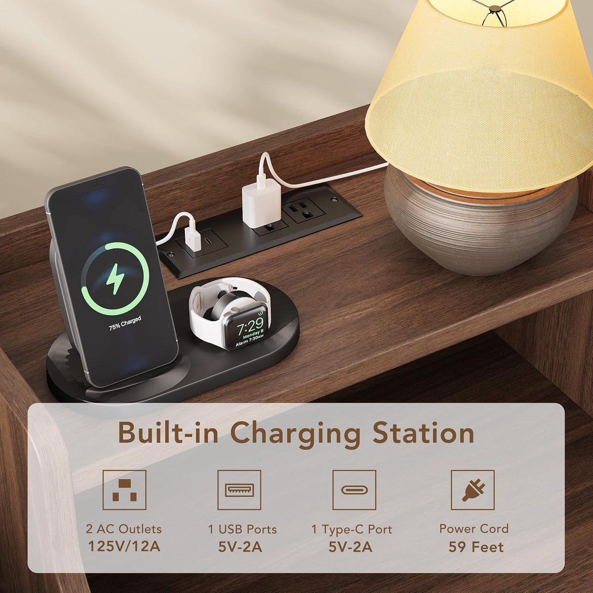 Decofy Mid Century Modern Nightstand Set of 2, Charging Station, Walnut
