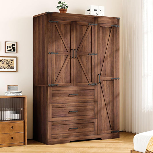 3 Door Armoire Wardrobe Closet Cabinet with 3 Drawers and Drawers, Farmhouse Bedroom Armoire with Hanging Rod and Adjustable Shelves, Large Capacity Storage Wardrobe Armoire for Bedroom, Brown