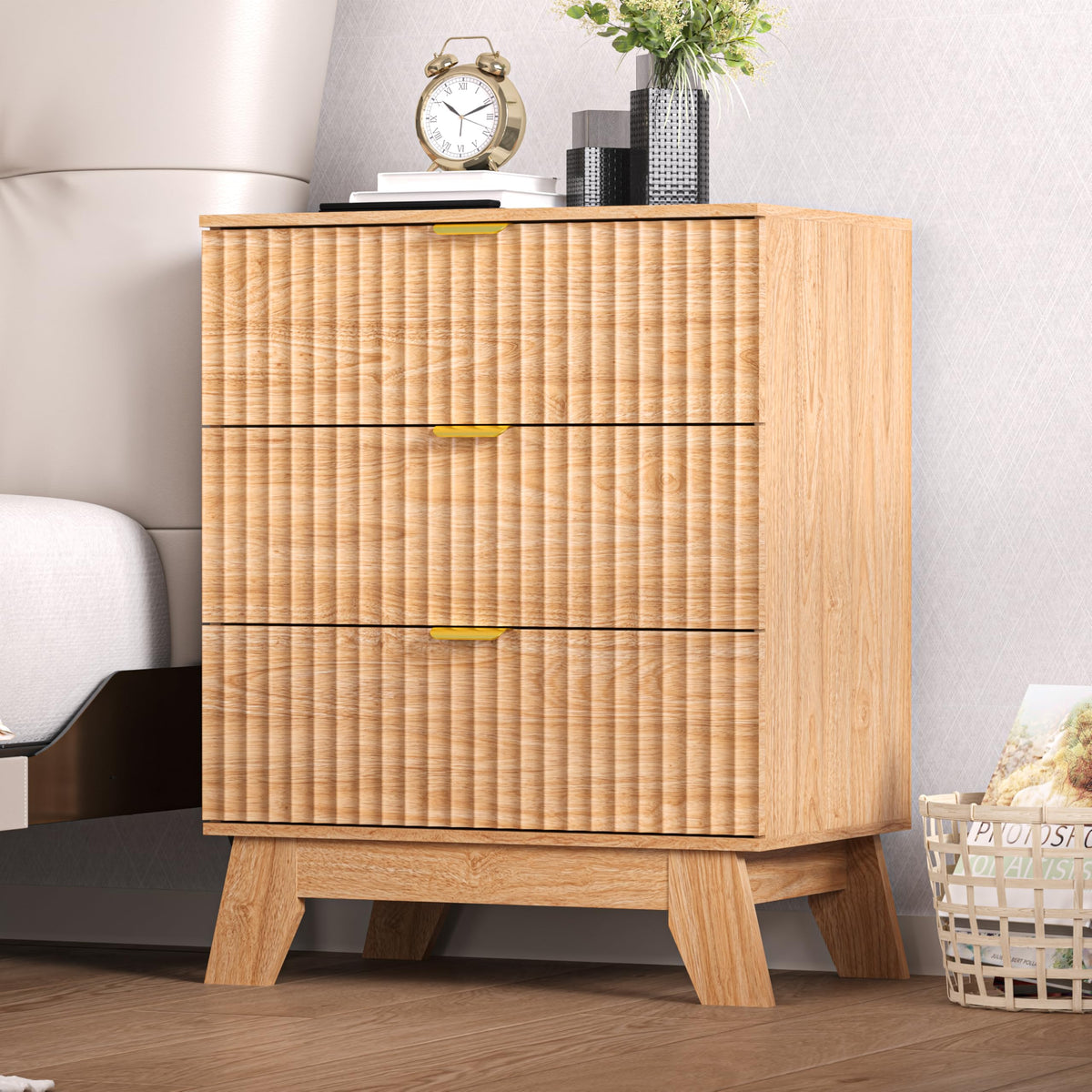 Black Nightstand Set of 2,24" Wide End Table with 3 Large Drawers & Metal Handles,Rustic Farmhouse Wood Small Dresser,Bedside Table,Modern Chest of Drawers for Bedroom,Living Room