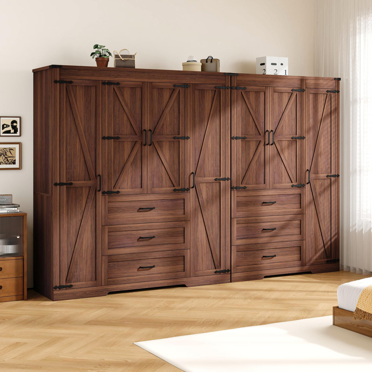 3 Door Armoire Wardrobe Closet Cabinet with 3 Drawers and Drawers, Farmhouse Bedroom Armoire with Hanging Rod and Adjustable Shelves, Large Capacity Storage Wardrobe Armoire for Bedroom, Brown