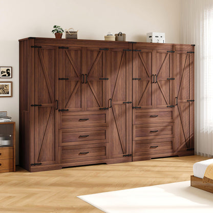 3 Door Armoire Wardrobe Closet Cabinet with 3 Drawers and Drawers, Farmhouse Bedroom Armoire with Hanging Rod and Adjustable Shelves, Large Capacity Storage Wardrobe Armoire for Bedroom, Brown