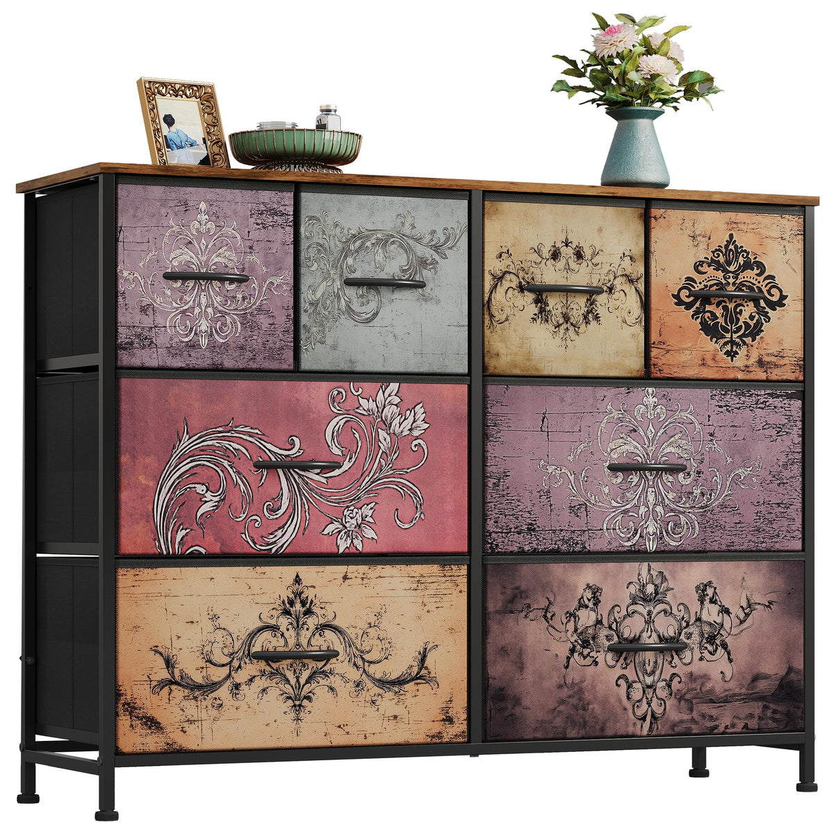 WLIVE Wide Dresser for Bedroom, 8 Drawer Chest of Drawers, Black Wood Grain