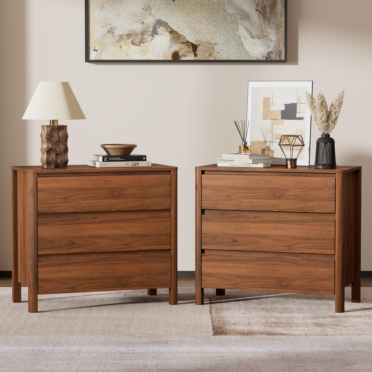 Furniway Set of 2 Modern Curved Nightstand with 2 Drawers, Push-to-Open Wooden Bedside Table, Minimalist End Table for Bedroom, Black