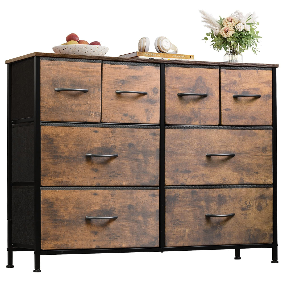 WLIVE Wide Dresser for Bedroom, 8 Drawer Chest of Drawers, Black Wood Grain