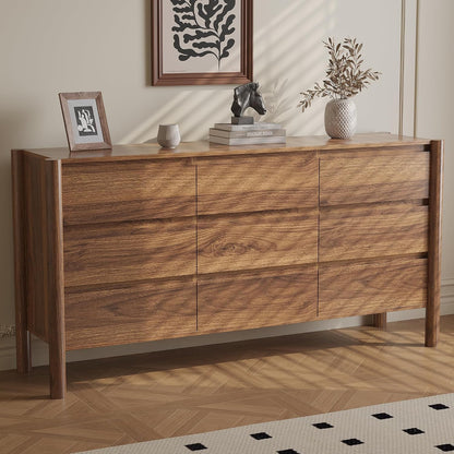 CHUWELL 63" Wide Walnut 9 Drawer Dresser for Bedroom with Solid Wood Legs