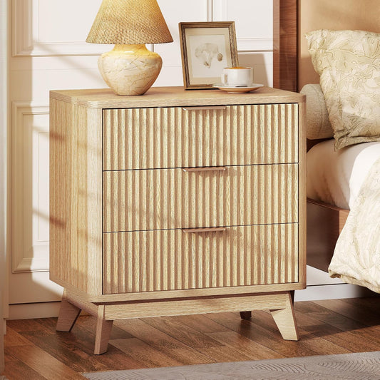 Turosur 24" Wide Fluted Nightstand with 3 Drawers for Bedroom, Oak