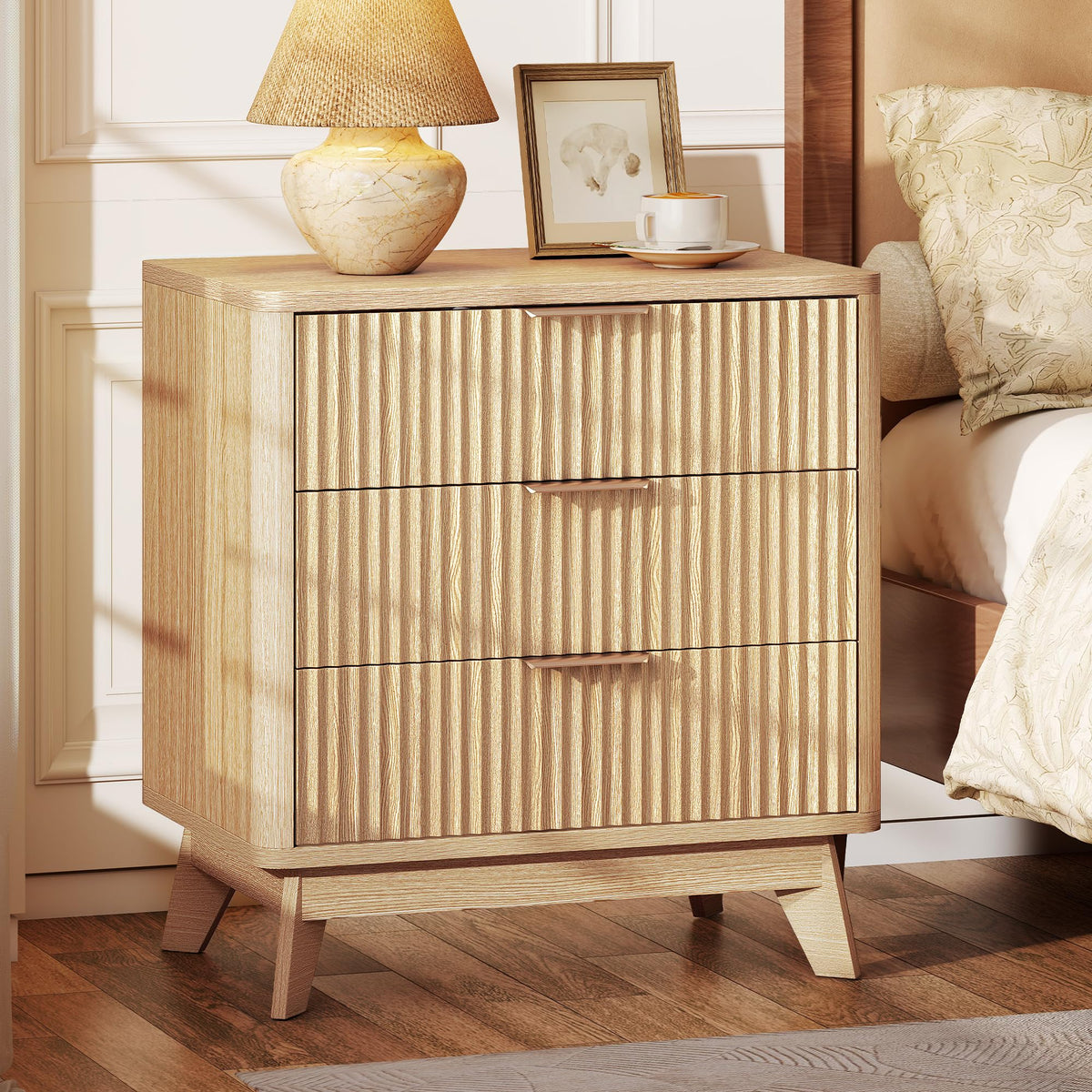 Turosur 24" Wide Fluted Nightstand with 3 Drawers for Bedroom, Oak