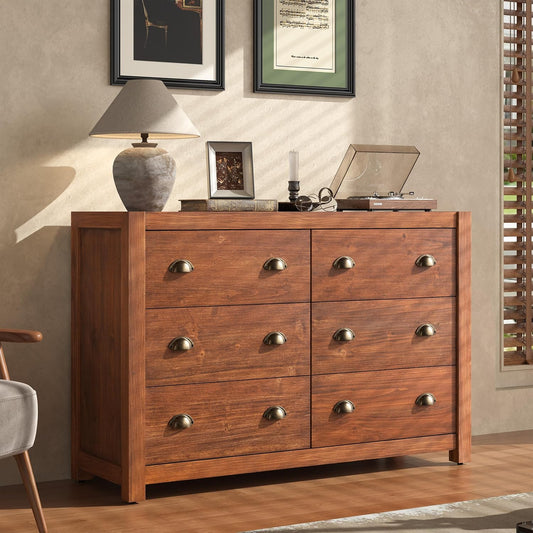 Vintage 6 Drawer Dresser, Solid Wood Frame Construction, Wood Veneer Finish with Rustic Grain Texture, Chest of Drawers Storage Cabinet for Bedroom and Living Room, Dark Walnut