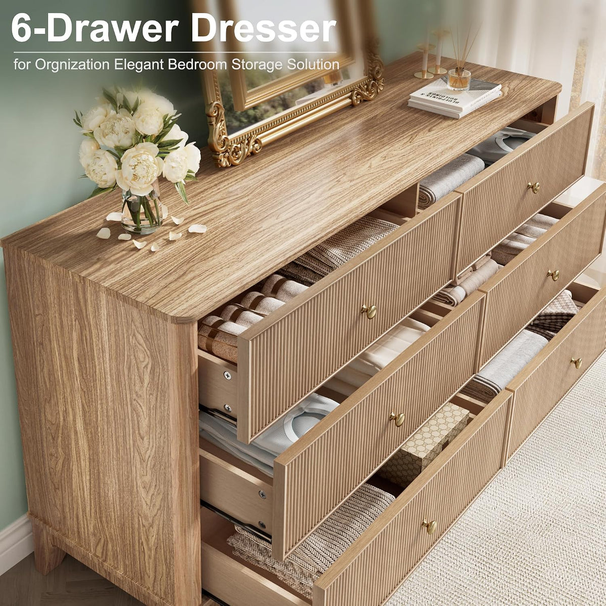 INNOD Fluted 6 Drawers Dresser, 54" Wide Modern Chest of Drawers with Round Corners, Wooden Dresser TV Stand, Wood Drawer Organizer for Bedroom, Living Room, Hallway