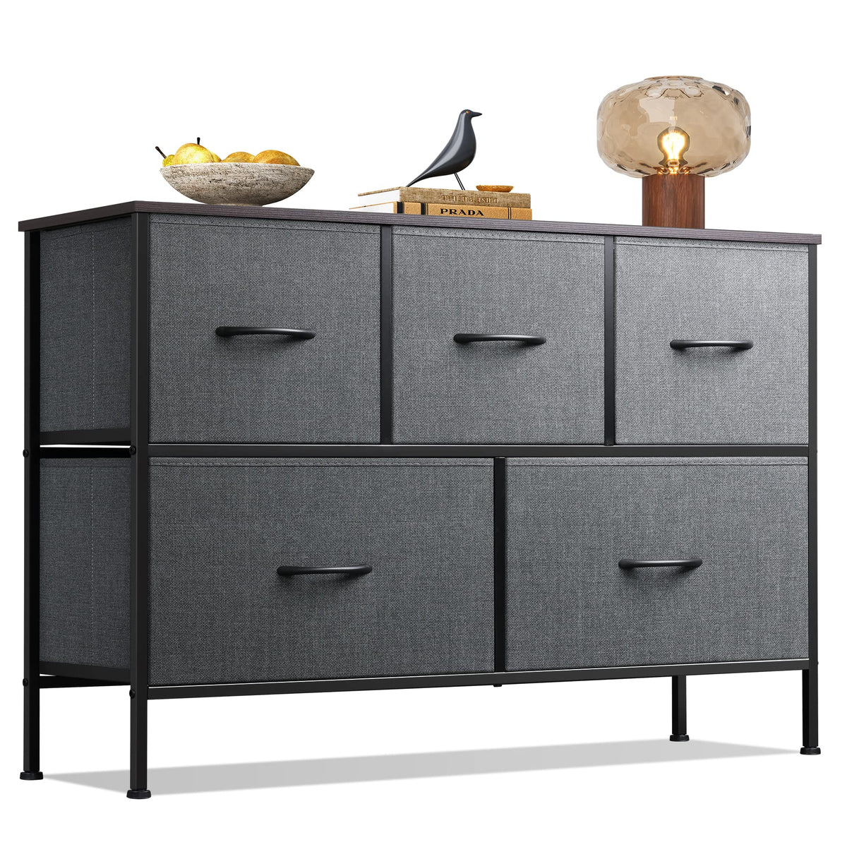 WLIVE Wide Dresser for Bedroom, 5 Drawer Chest of Drawers, Dark Grey