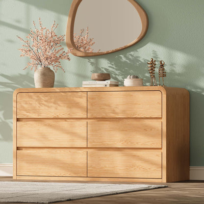 Modern 63" Wide 9 Drawers Dresser with Curved Profile Design,Oak