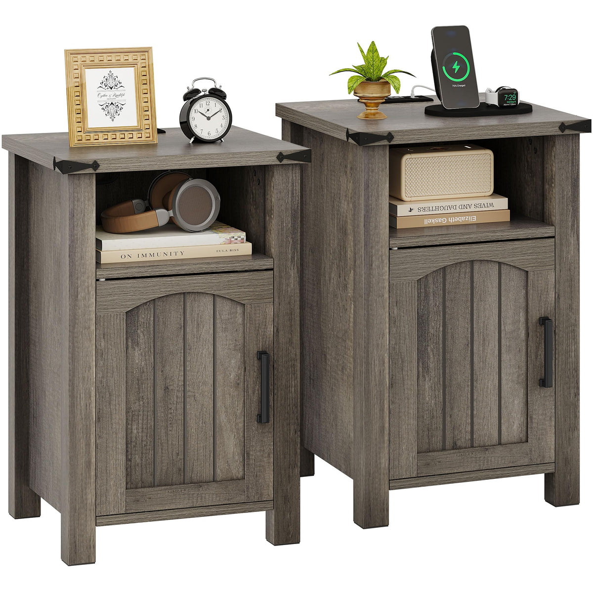 Decofy Farmhouse Nightstand with Charging Station, Set of 2,Walnut