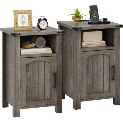 Decofy Farmhouse Nightstand with Charging Station, Set of 2,Walnut