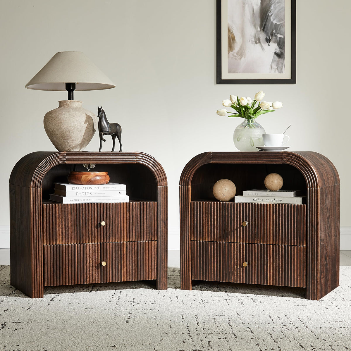 T4TREAM 24" Fluted Nightstand Set of 2 with Charging Station, Dark Walnut