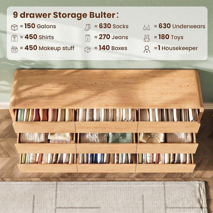 Modern 63" Wide 9 Drawers Dresser with Curved Profile Design,Oak