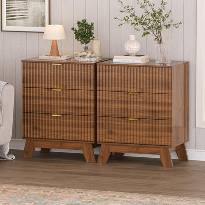 Black Nightstand Set of 2,24" Wide End Table with 3 Large Drawers & Metal Handles,Rustic Farmhouse Wood Small Dresser,Bedside Table,Modern Chest of Drawers for Bedroom,Living Room