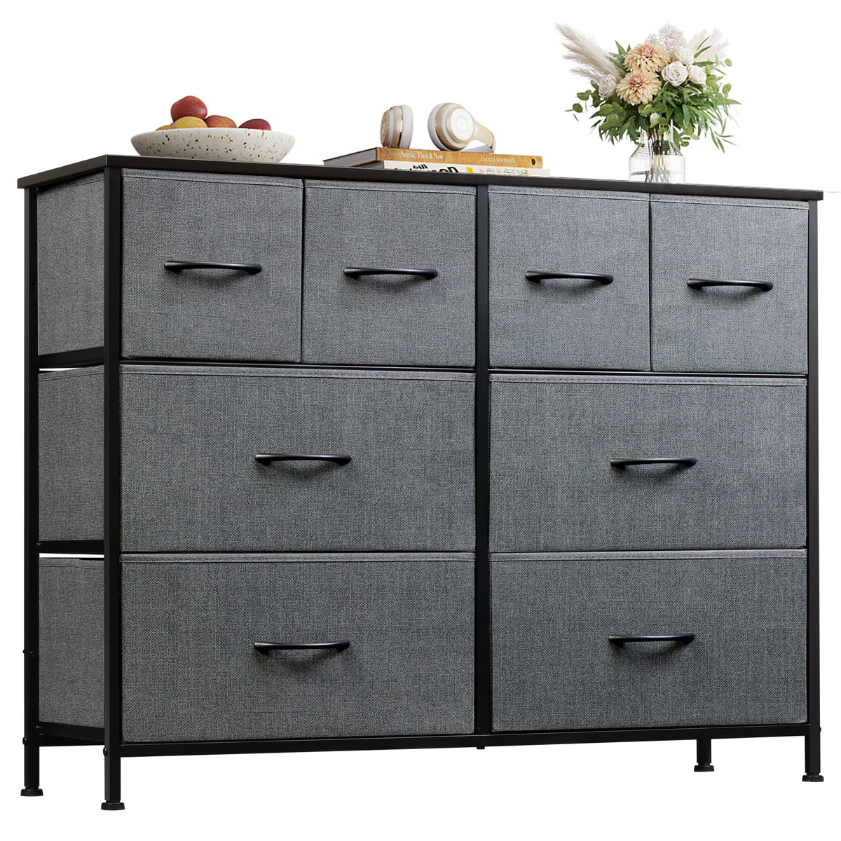 WLIVE Wide Dresser for Bedroom, 8 Drawer Chest of Drawers, Black Wood Grain