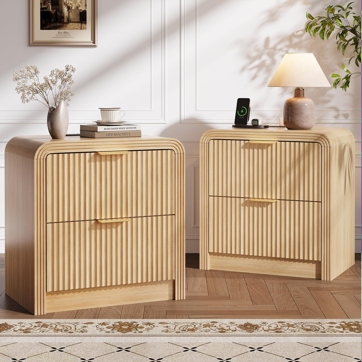 Decofy 23'' Wide Fluted Nightstand Set of 2 with Charging Station, Walnut