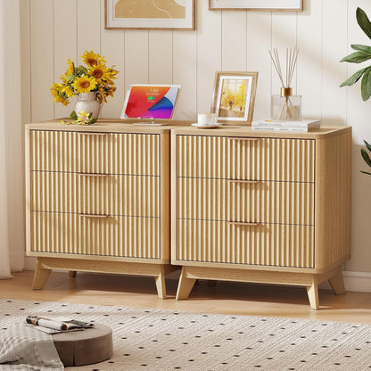 Turosur 24" Wide Fluted Nightstand with 3 Drawers for Bedroom, Oak