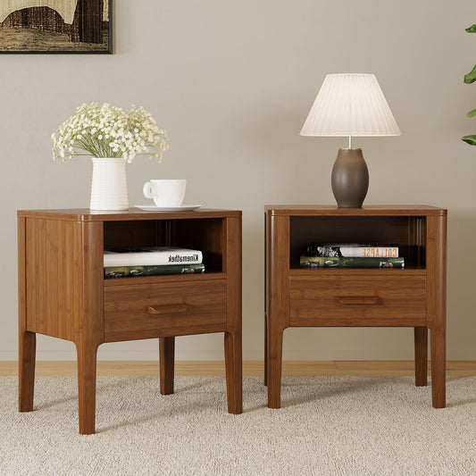 Merax Bamboo Nightstands Set of 2, Night Stands w/Drawer & Shelf, Brown